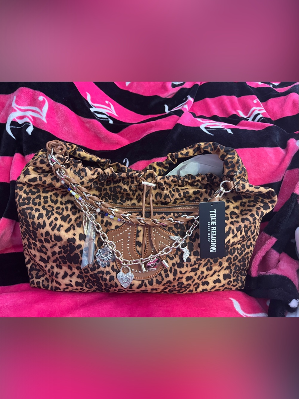 VIRAL True Religion Leopard-Print Studded Chain-Detail Hobo Bag - Brown/Black
